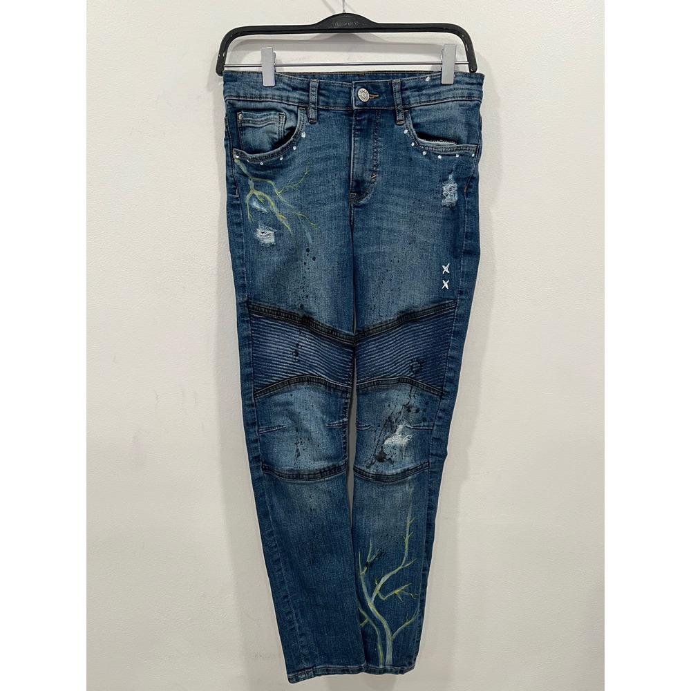 HM Denim Boys Blue Moto Skinny Jeans Distressed Lightning Graphic Size 16